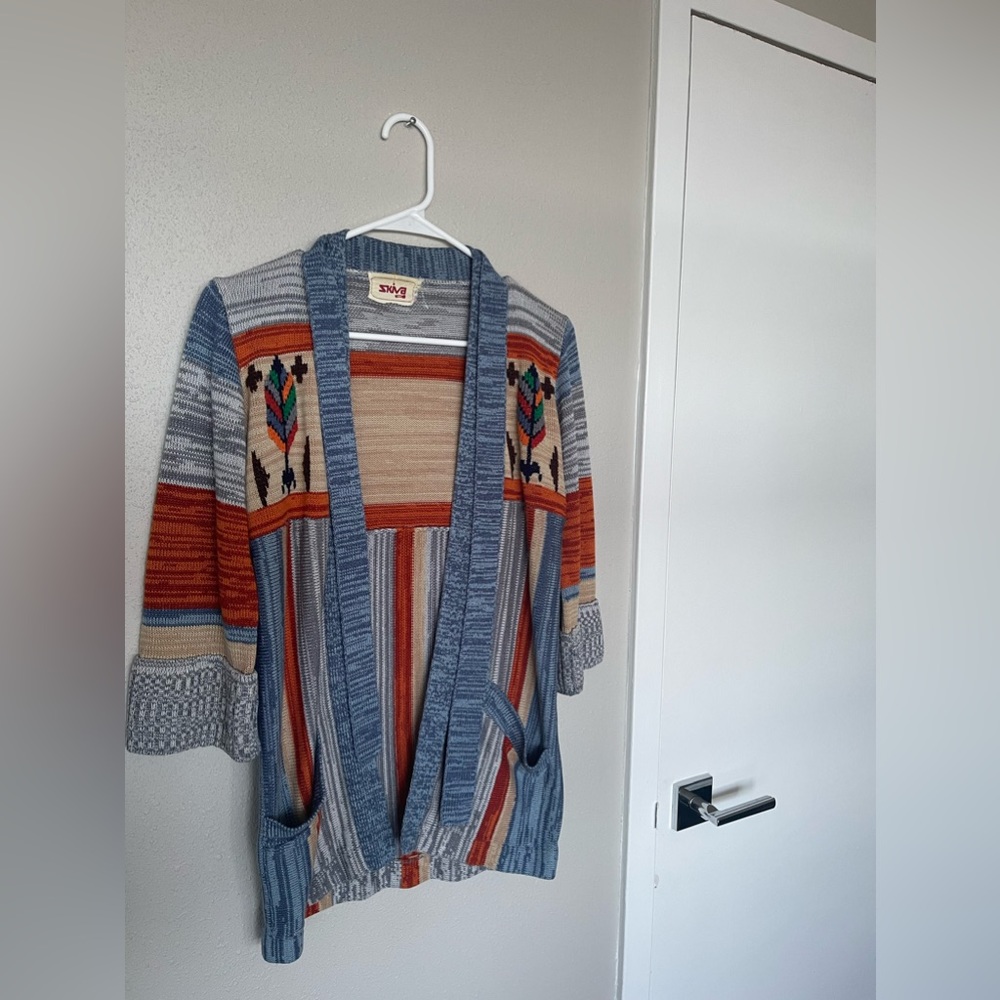 Vintage 70's Skiva Space Dye Arrow Blue Cardigan Sweater, Bell Sleeves
